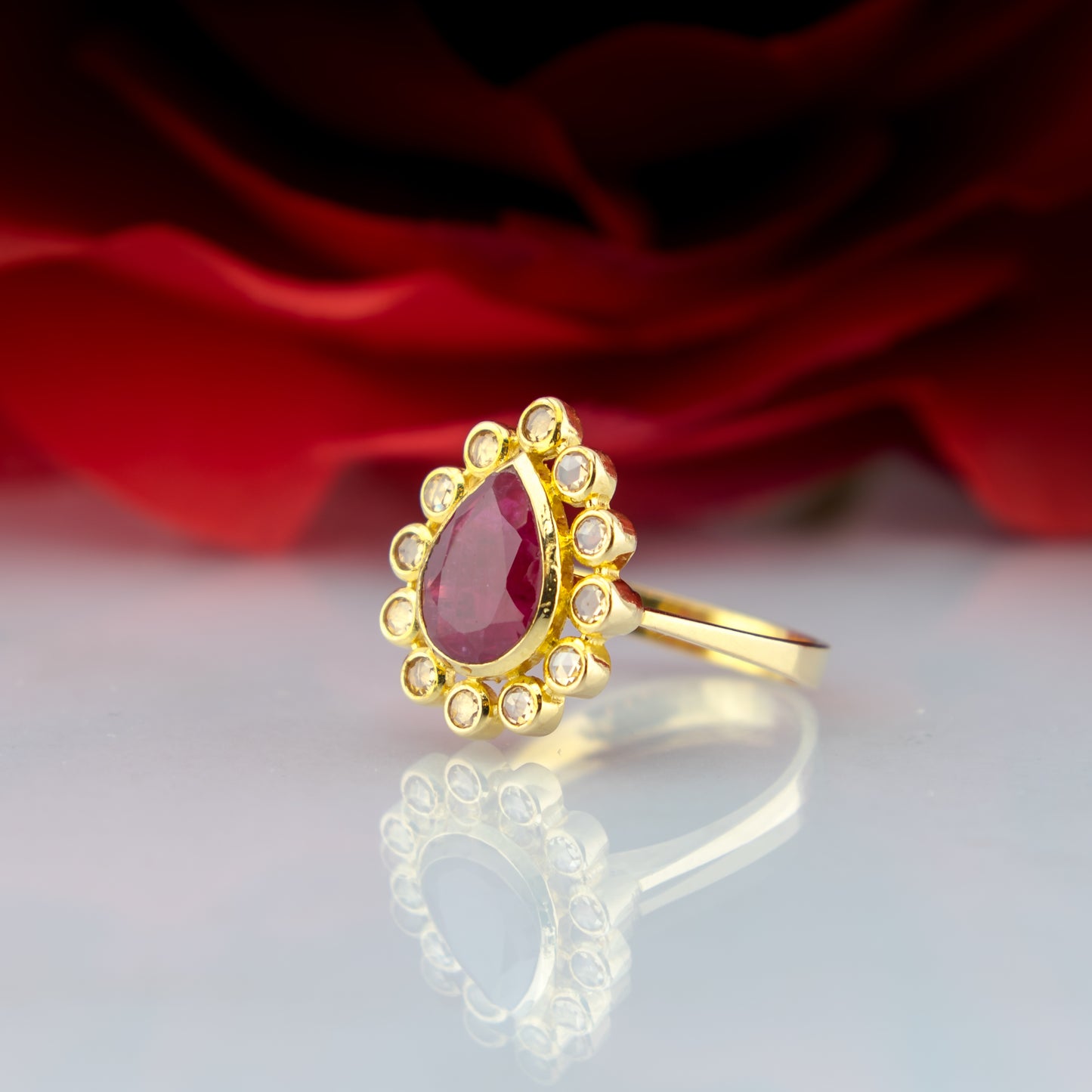 22ct Gold Ruby Pear Cut & Rose Cut Quartz Ring