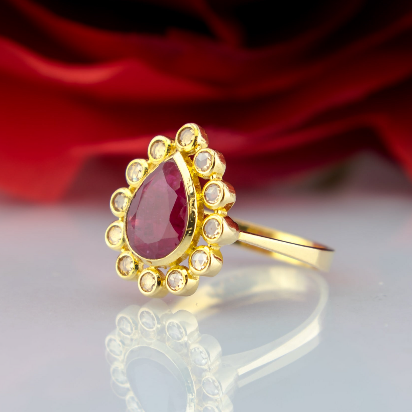 22ct Gold Ruby Pear Cut & Rose Cut Quartz Ring