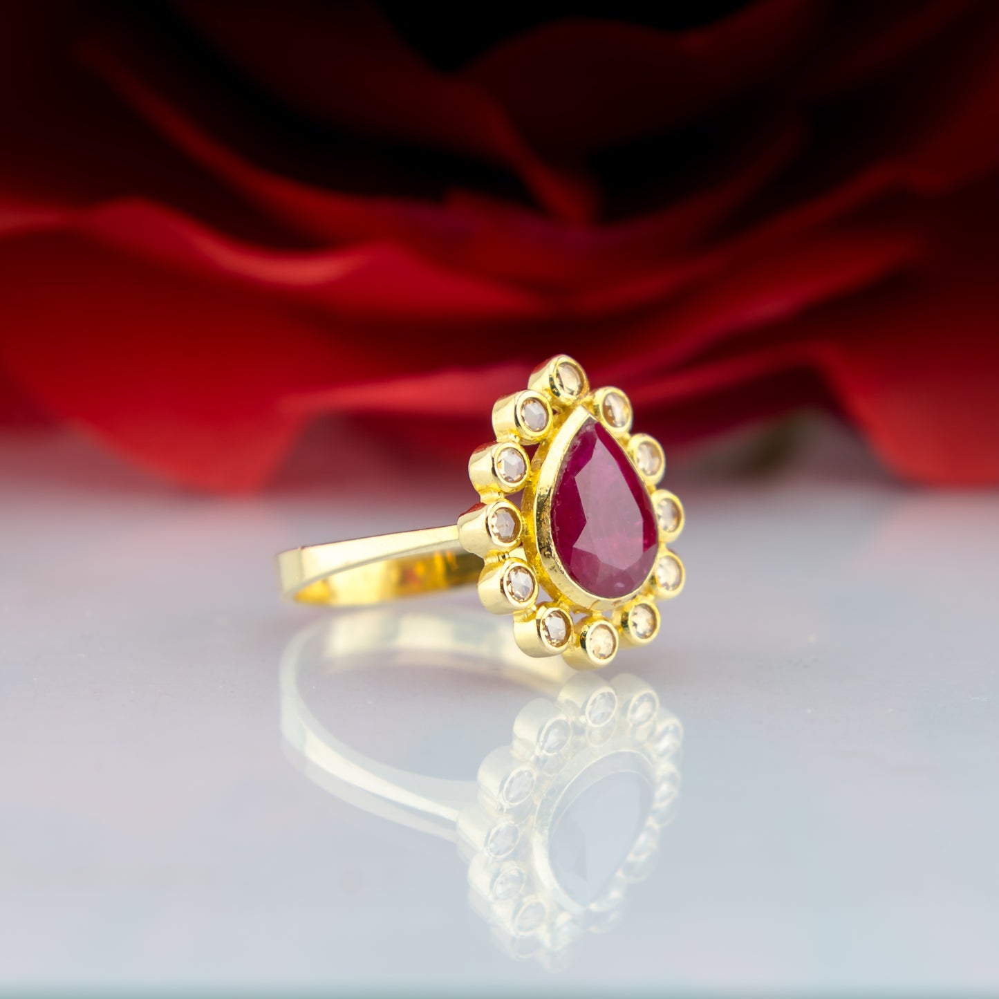 22ct Gold Ruby Pear Cut & Rose Cut Quartz Ring