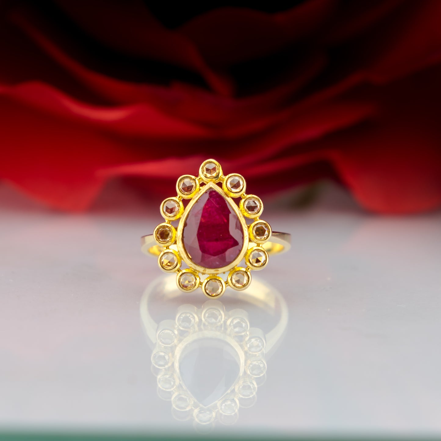 22ct Gold Ruby Pear Cut & Rose Cut Quartz Ring