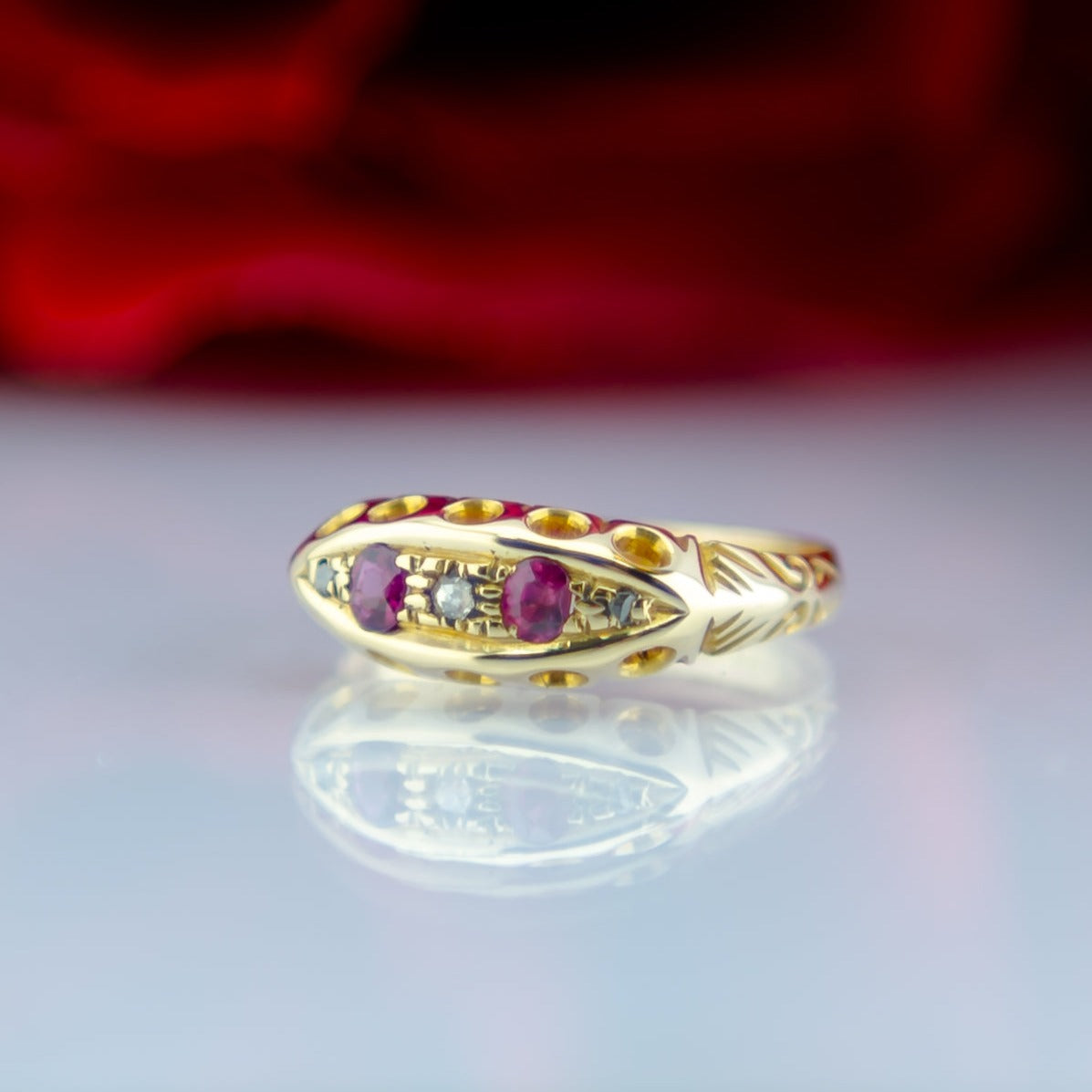 1912 18ct Ruby and Diamond Boat Ring