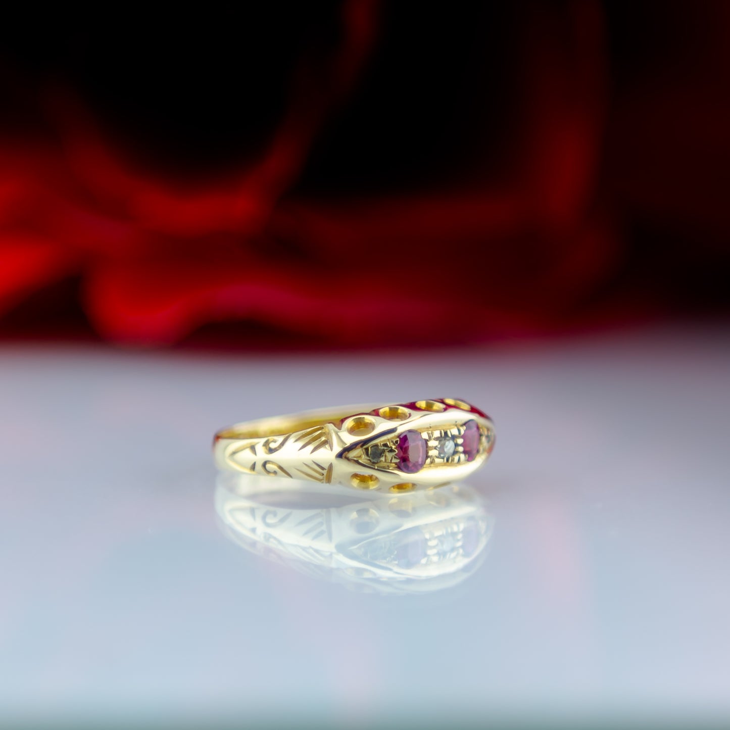 1912 18ct Ruby and Diamond Boat Ring