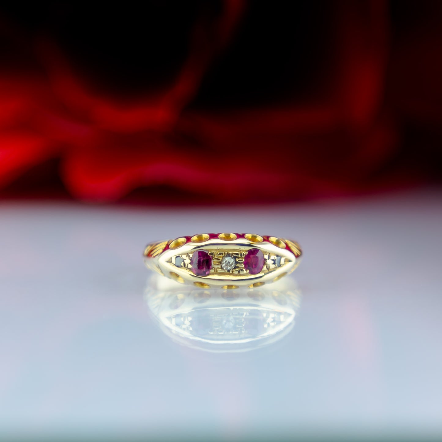 1912 18ct Ruby and Diamond Boat Ring