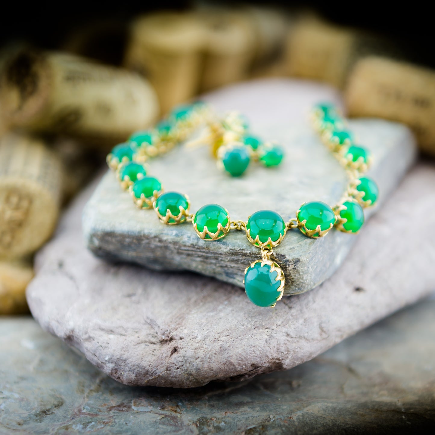 22ct Natural Green Agate Gem Set Necklace And Earring Set