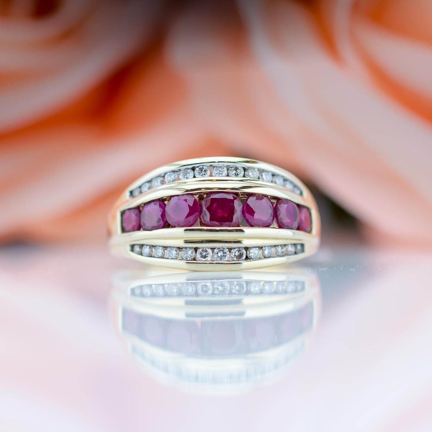 14ct Yellow Gold Ruby & Diamond Triple Channel set Ring