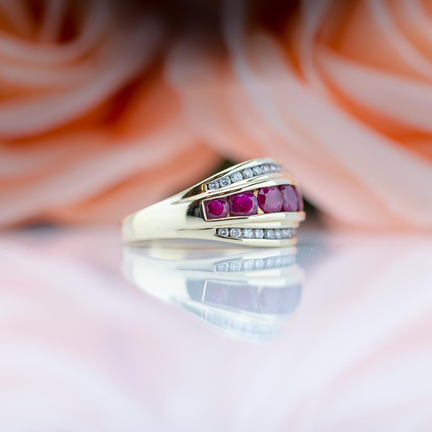 14ct Yellow Gold Ruby & Diamond Triple Channel set Ring