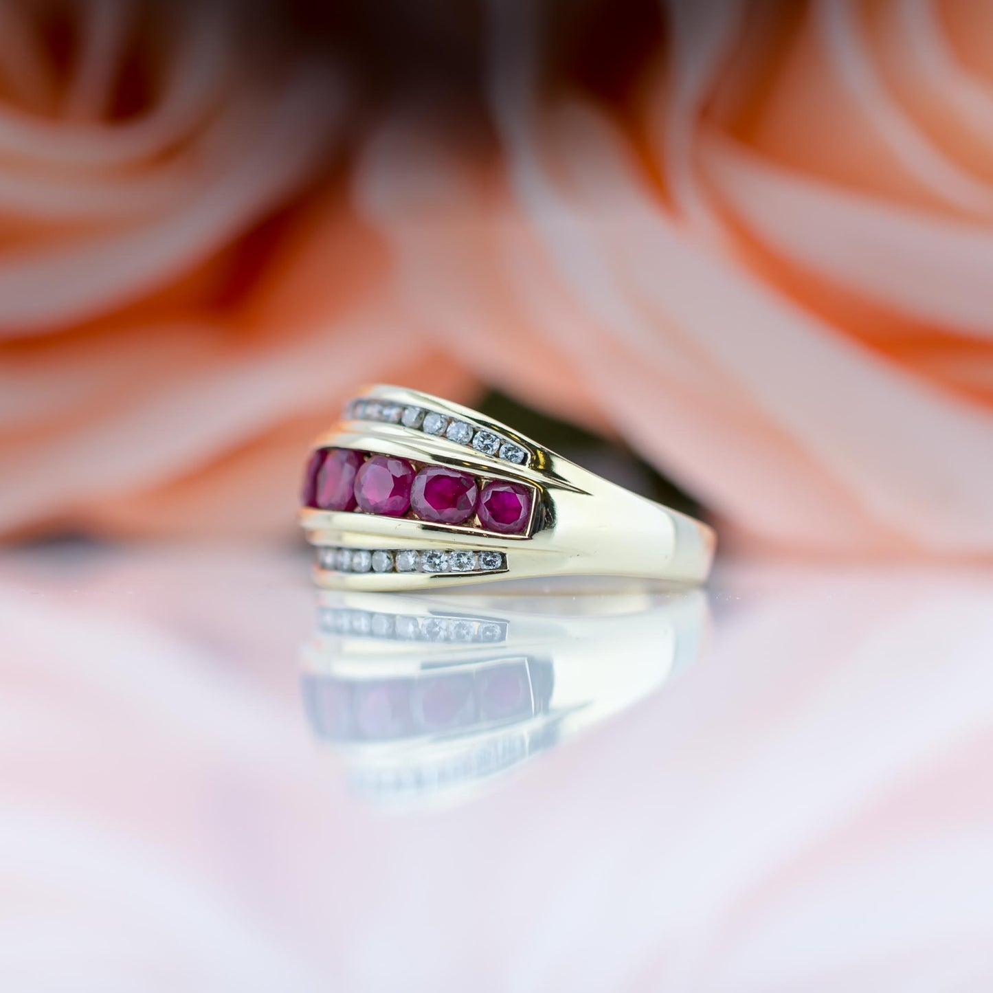 14ct Yellow Gold Ruby & Diamond Triple Channel set Ring