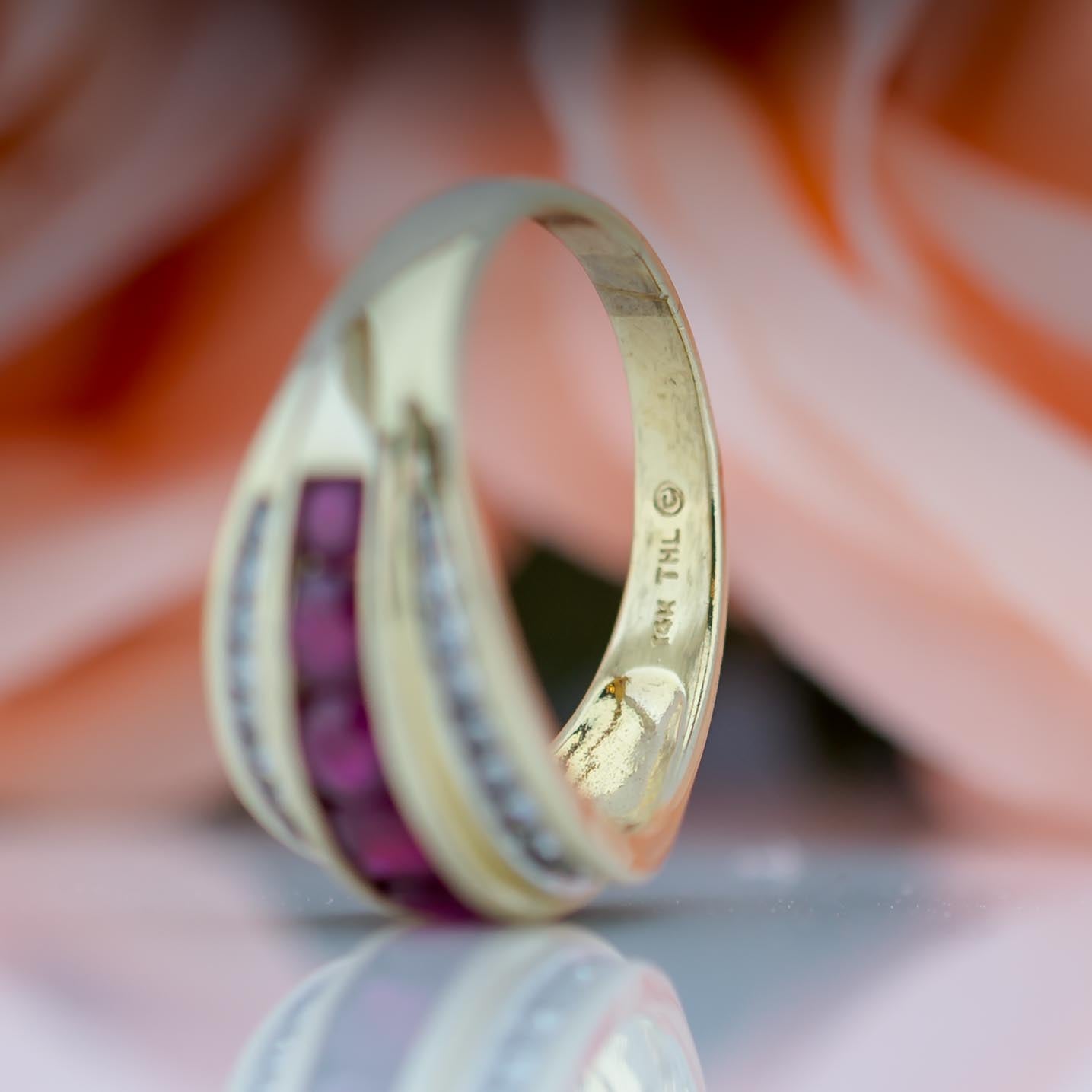 14ct Yellow Gold Ruby & Diamond Triple Channel set Ring
