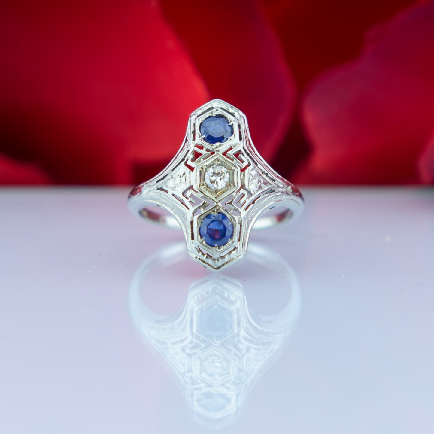 18ct White gold Sapphire & Diamond Deco Filigree Trilogy Ring