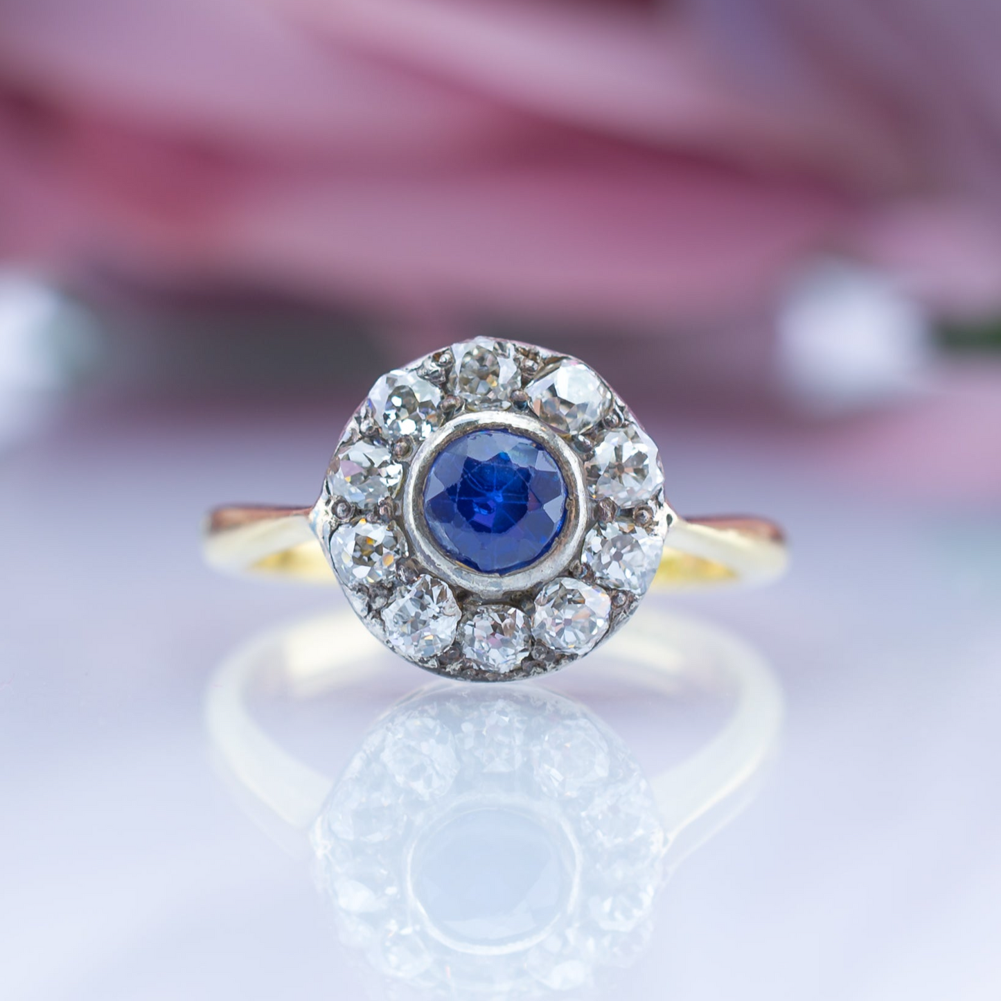 18ct Gold Sapphire And Diamond Deco Halo Ring