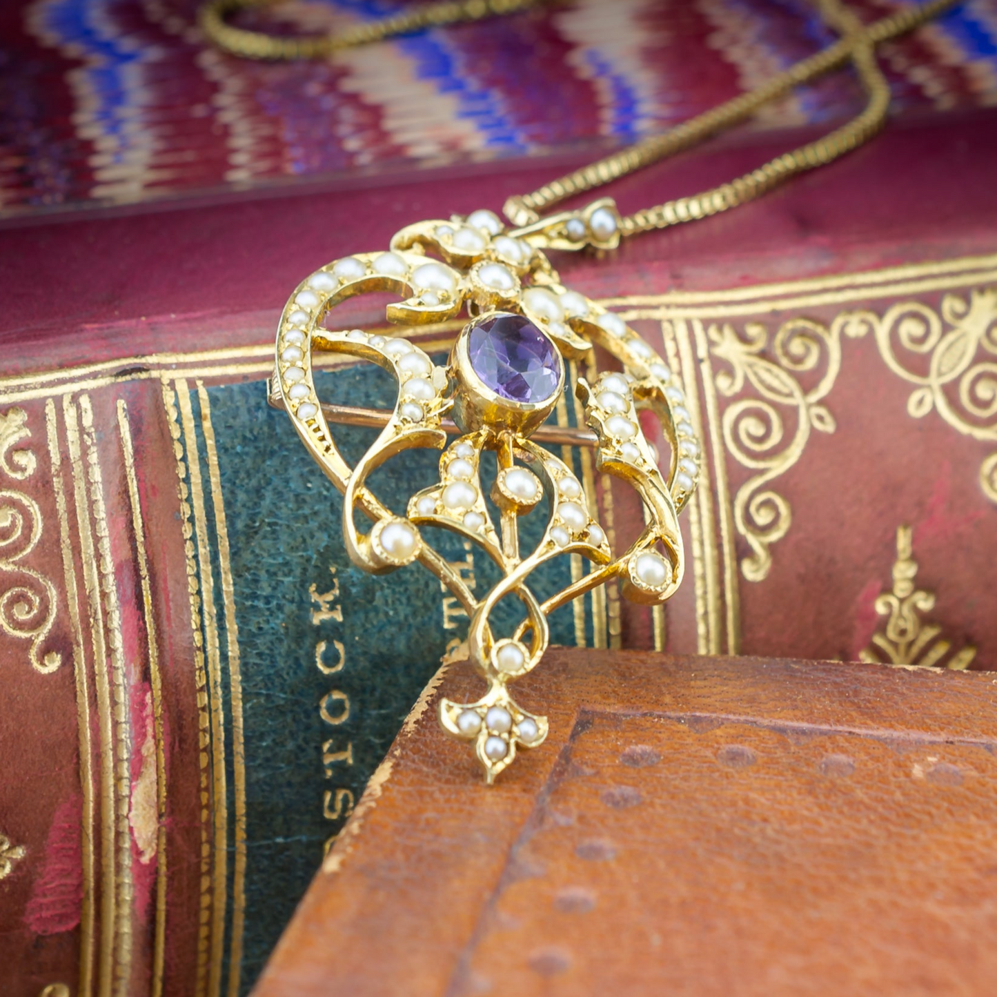 15ct Gold Amethyst & Seed Pearl Pendant & Pin Brooch