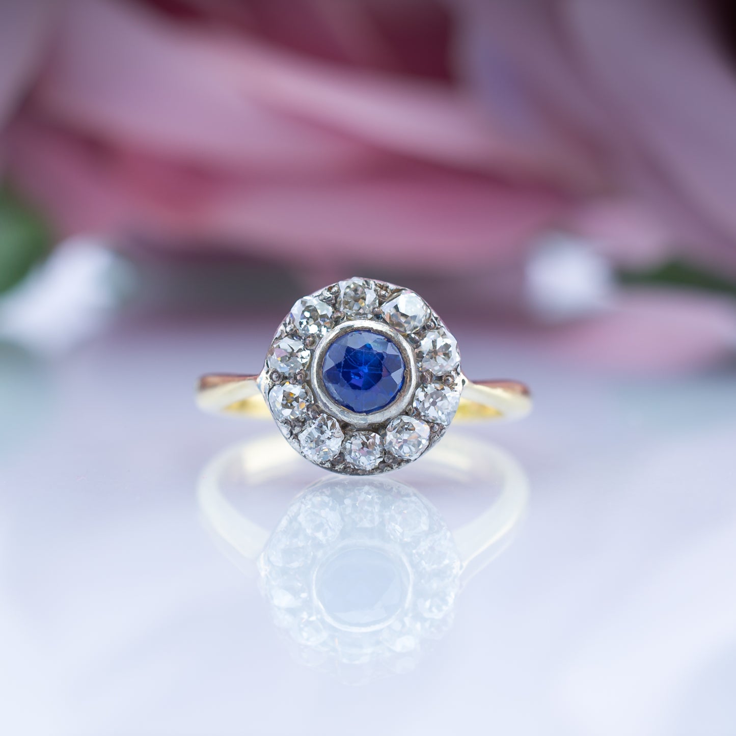 18ct Gold Sapphire And Diamond Deco Halo Ring