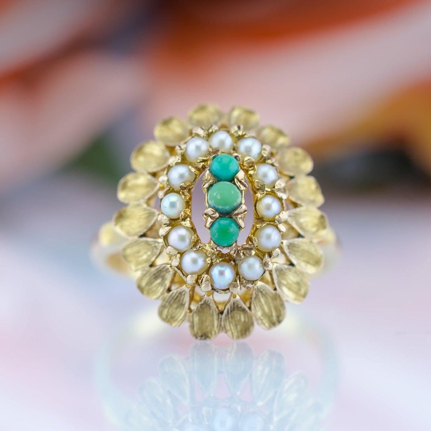 9ct Pearl Seed & Turqouise Ring