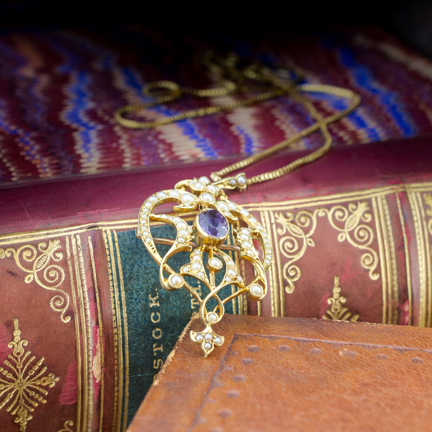 15ct Gold Amethyst & Seed Pearl Pendant & Pin Brooch