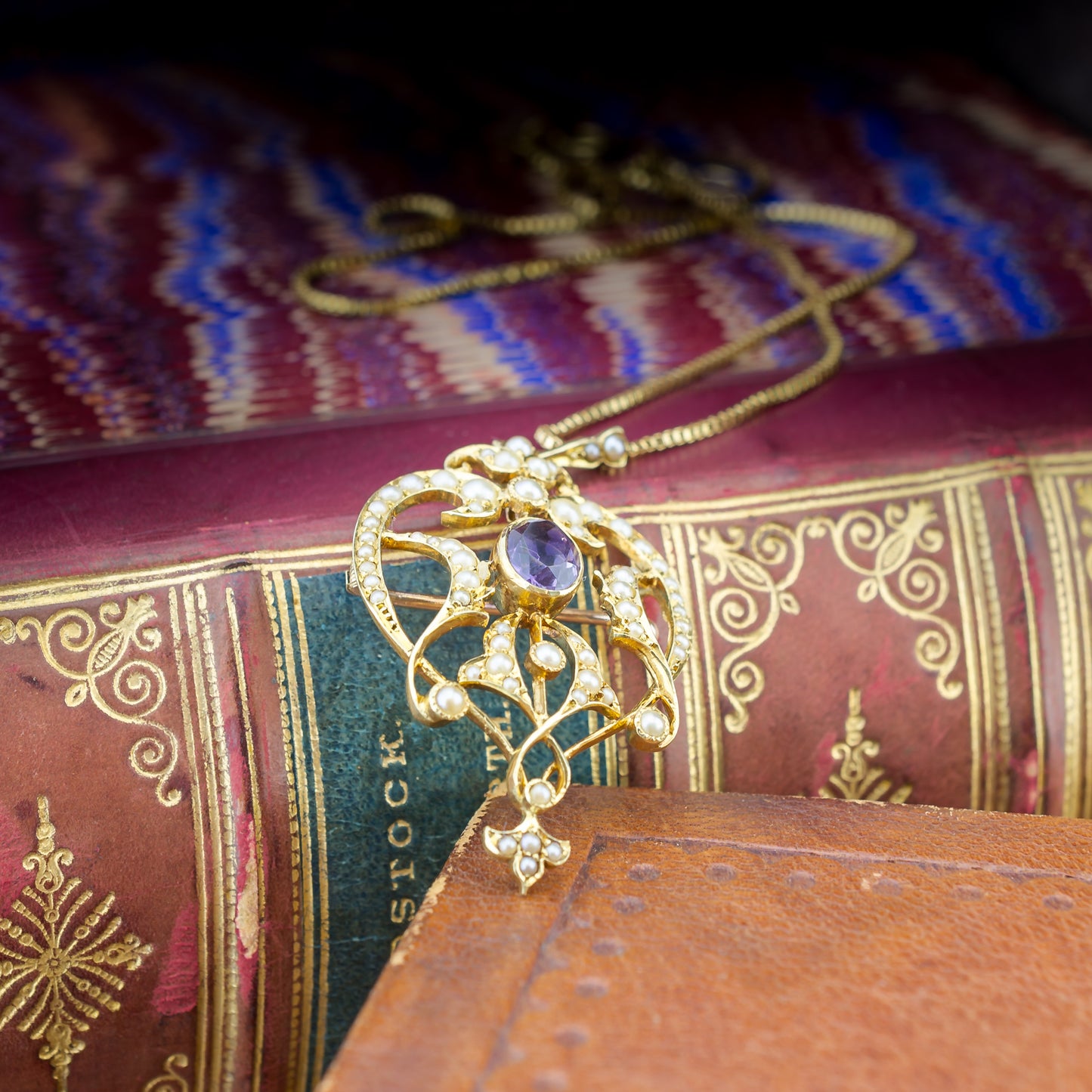 15ct Gold Amethyst & Seed Pearl Pendant & Pin Brooch