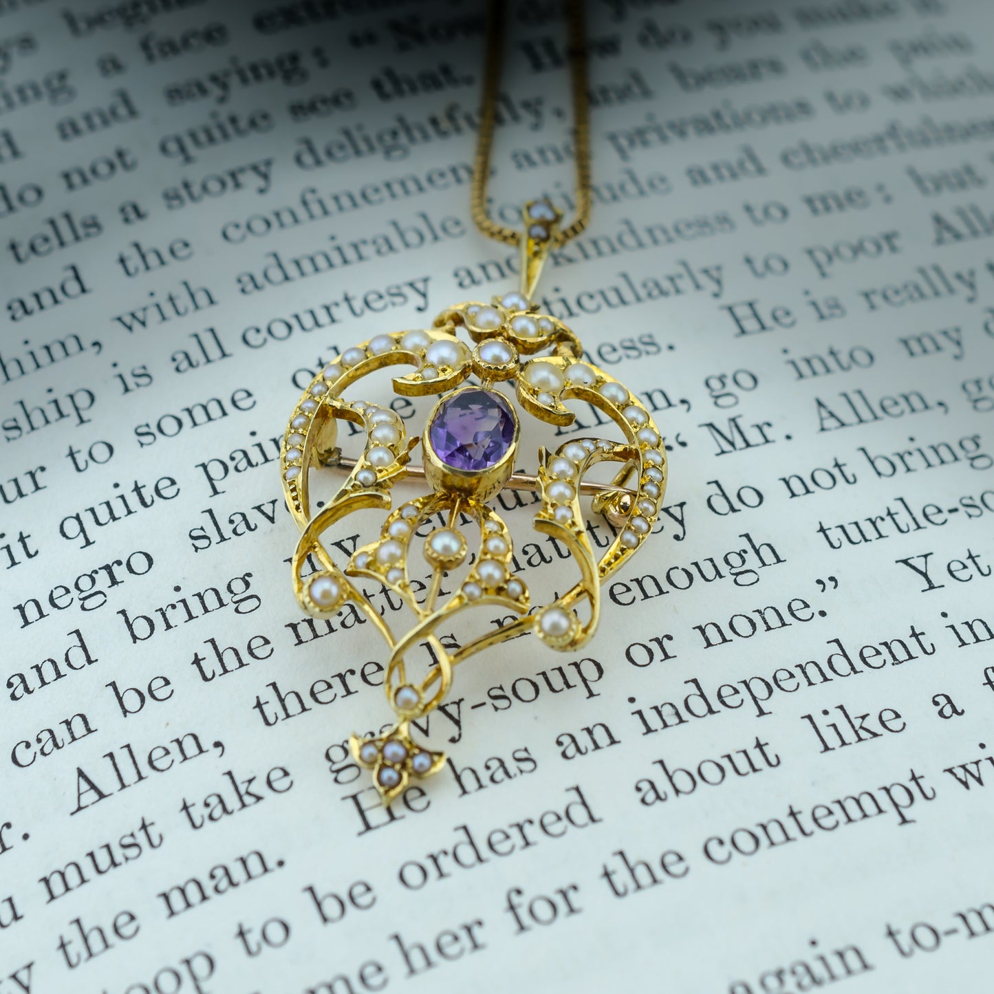15ct Gold Amethyst & Seed Pearl Pendant & Pin Brooch