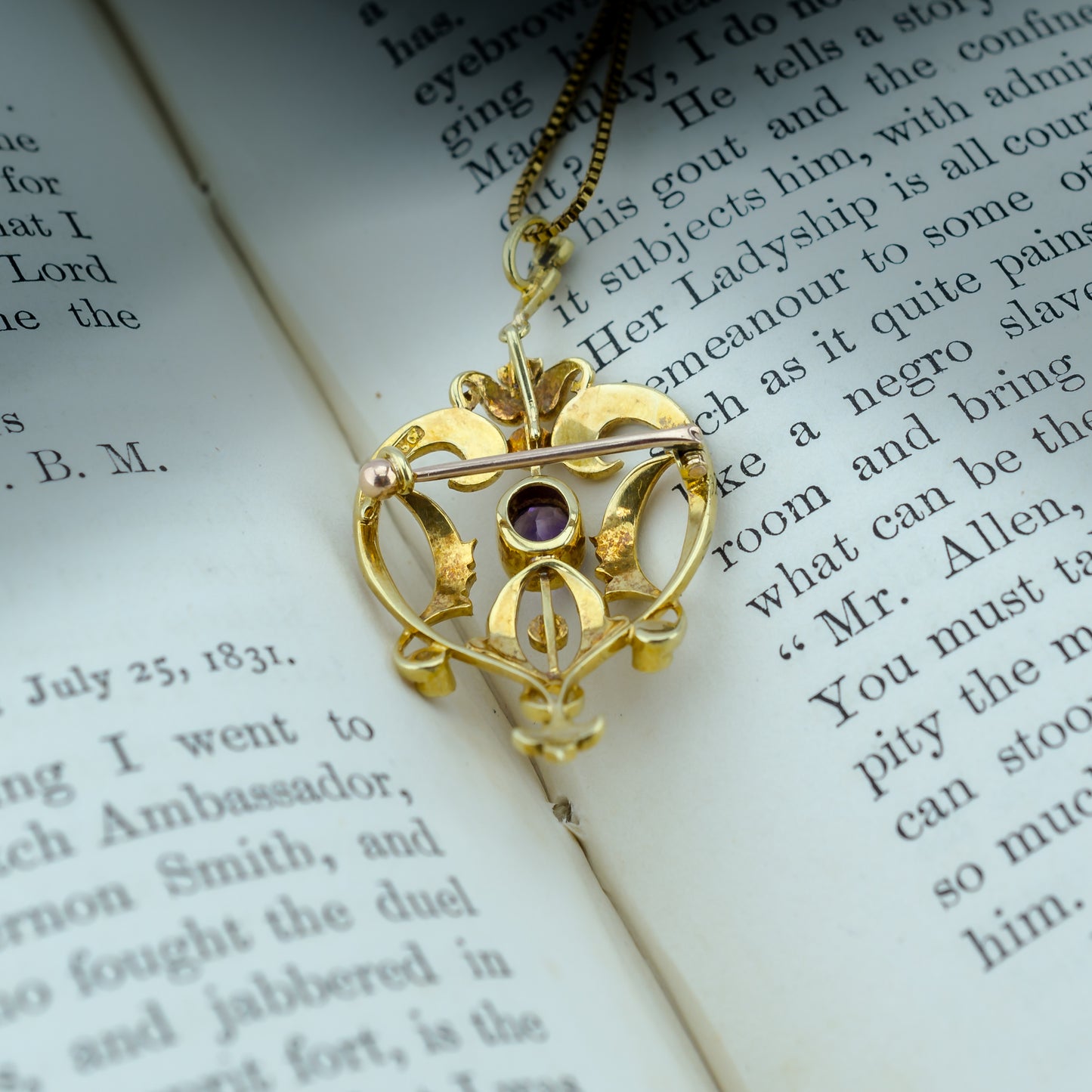 15ct Gold Amethyst & Seed Pearl Pendant & Pin Brooch