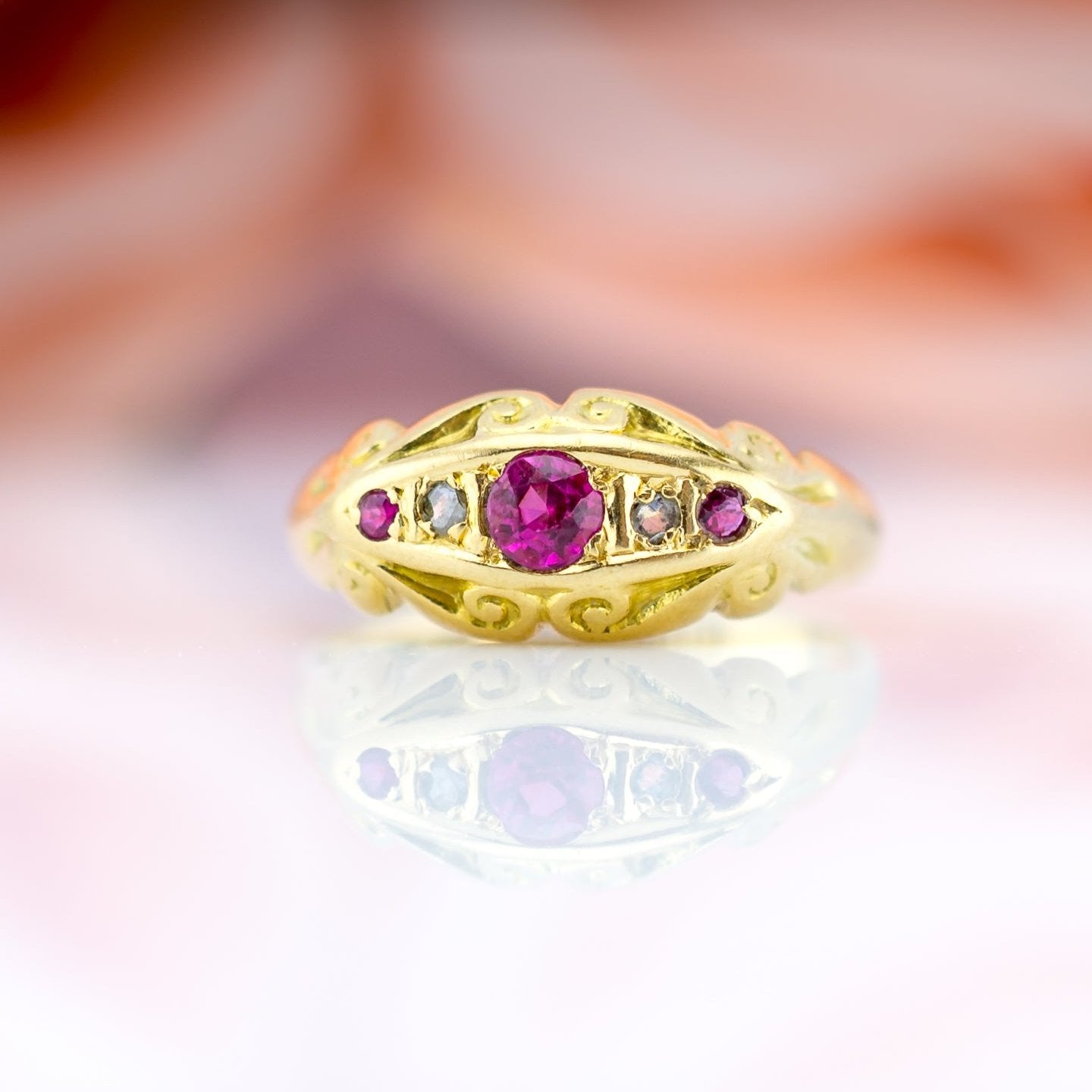 18ct Yellow Gold Ruby & Diamond Antique Boat Ring
