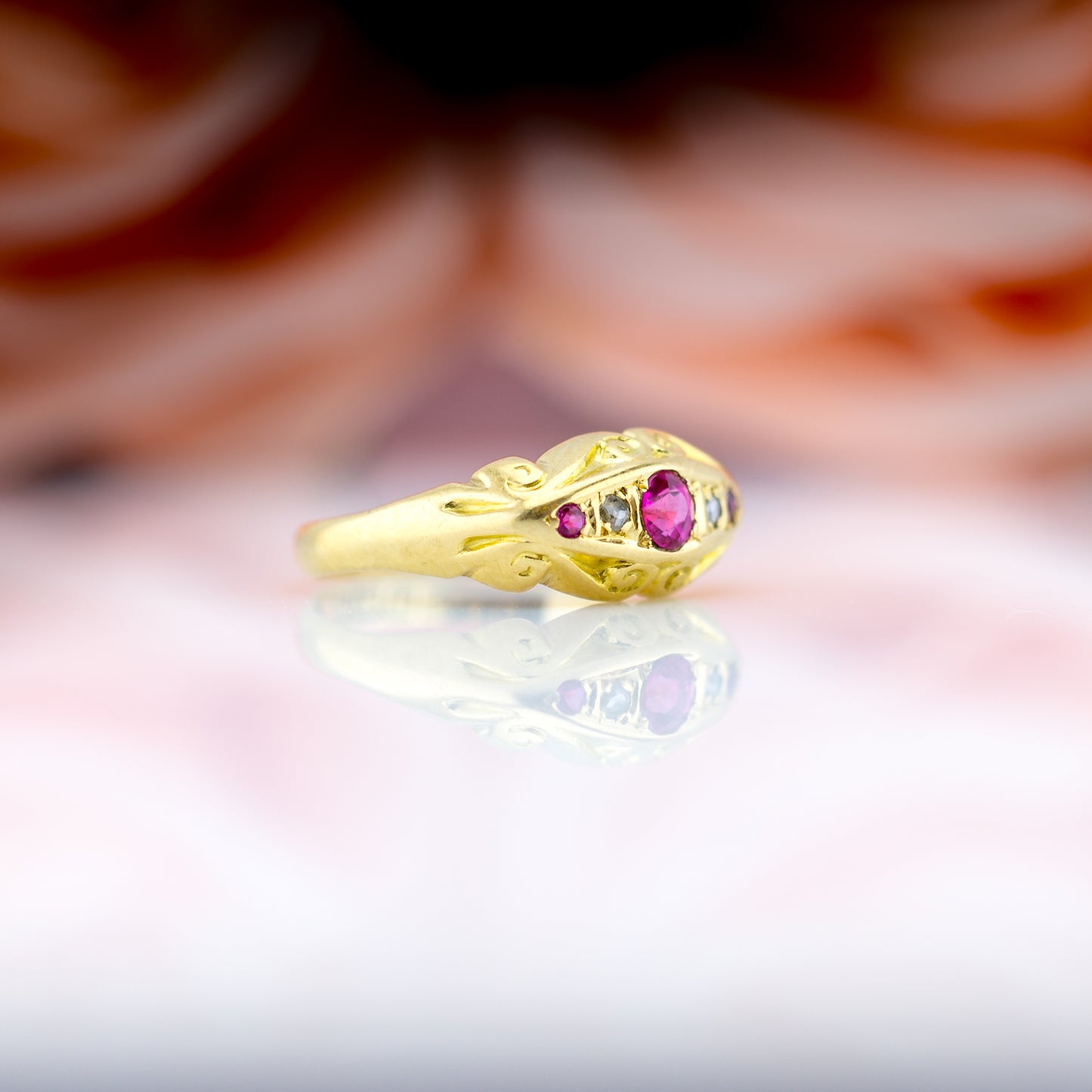 18ct Yellow Gold Ruby & Diamond Antique Boat Ring