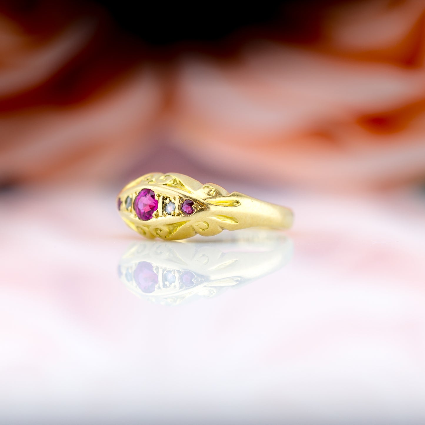 18ct Yellow Gold Ruby & Diamond Antique Boat Ring