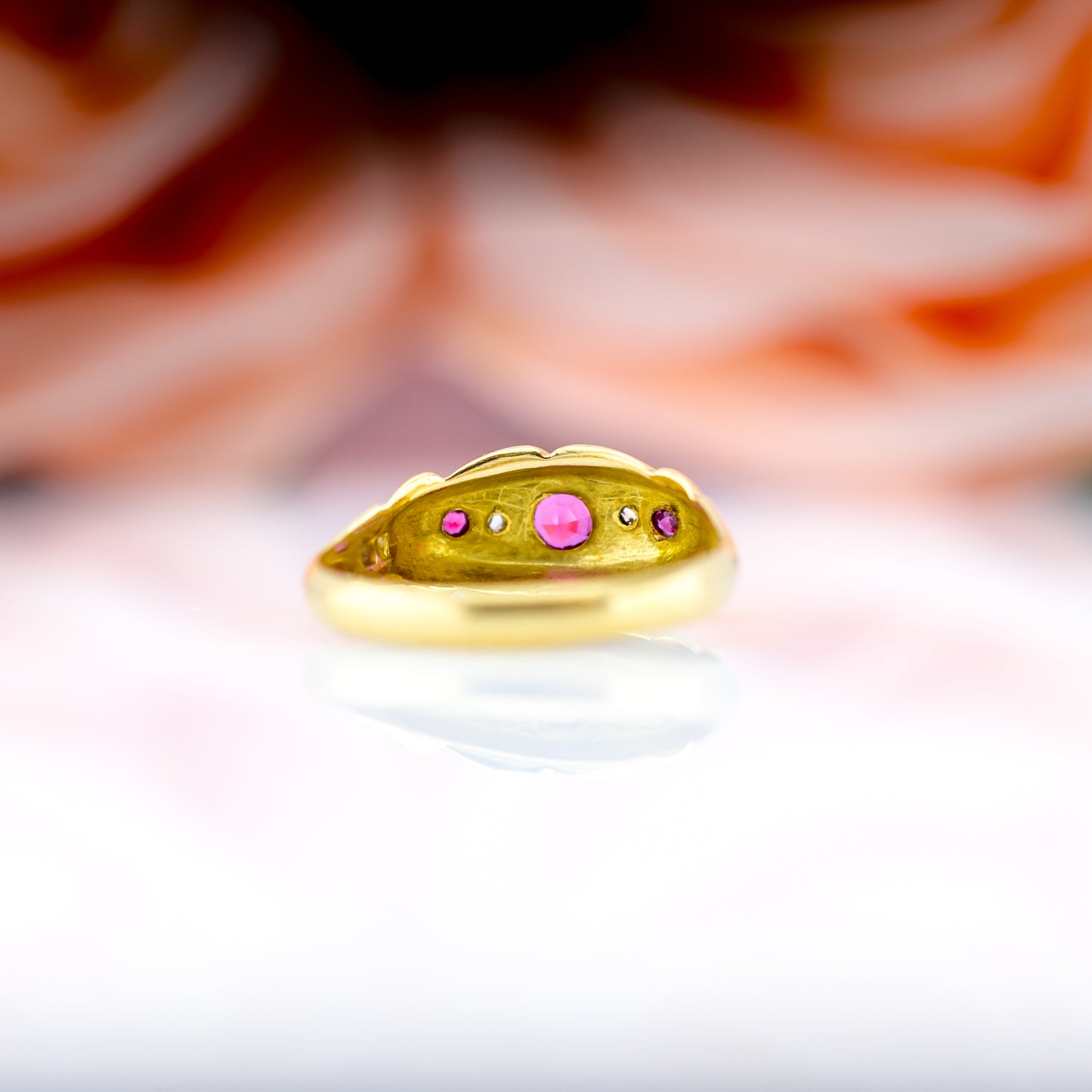 18ct Yellow Gold Ruby & Diamond Antique Boat Ring