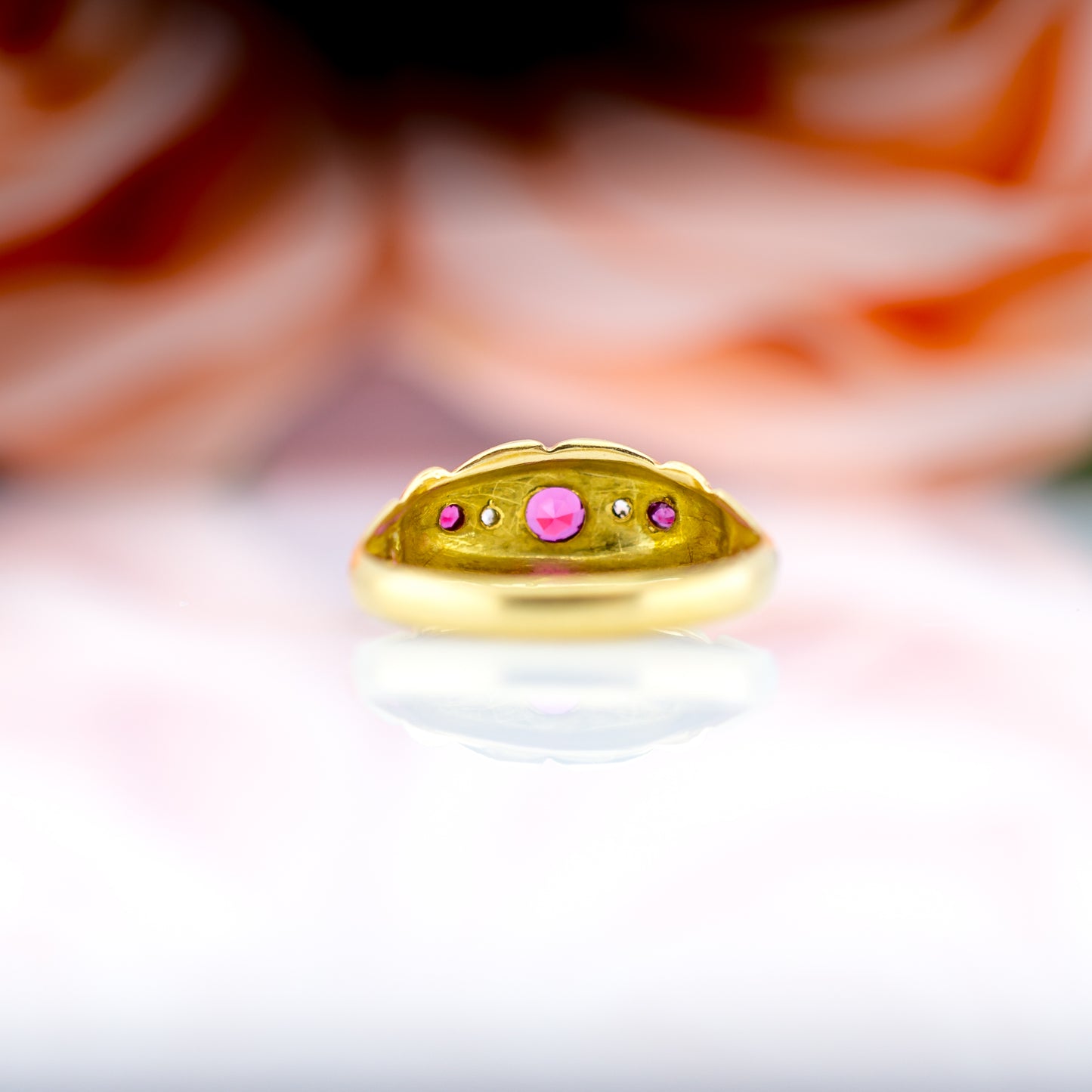 18ct Yellow Gold Ruby & Diamond Antique Boat Ring