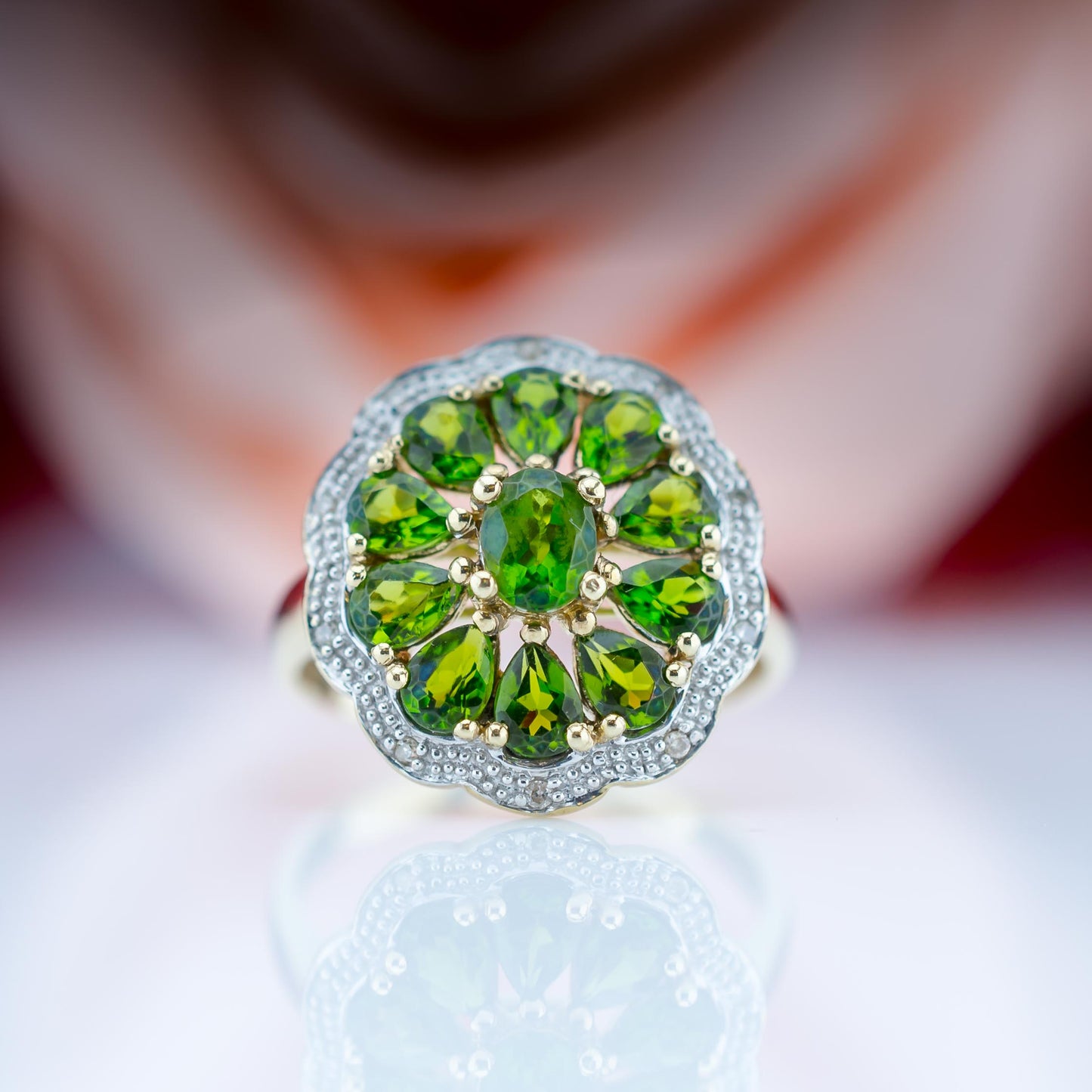 9ct Peridot And Diamond Cluster Ring