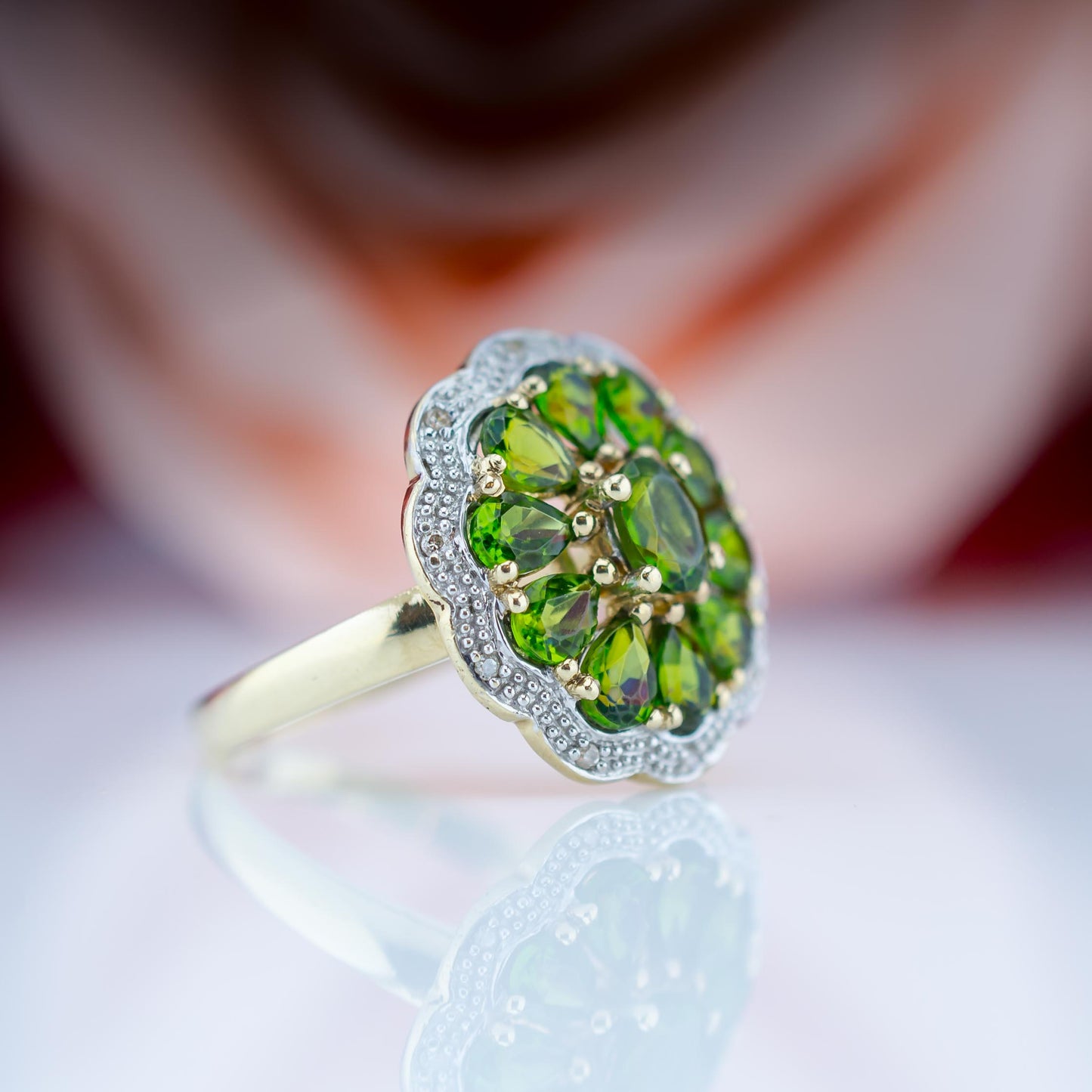 9ct Peridot And Diamond Cluster Ring