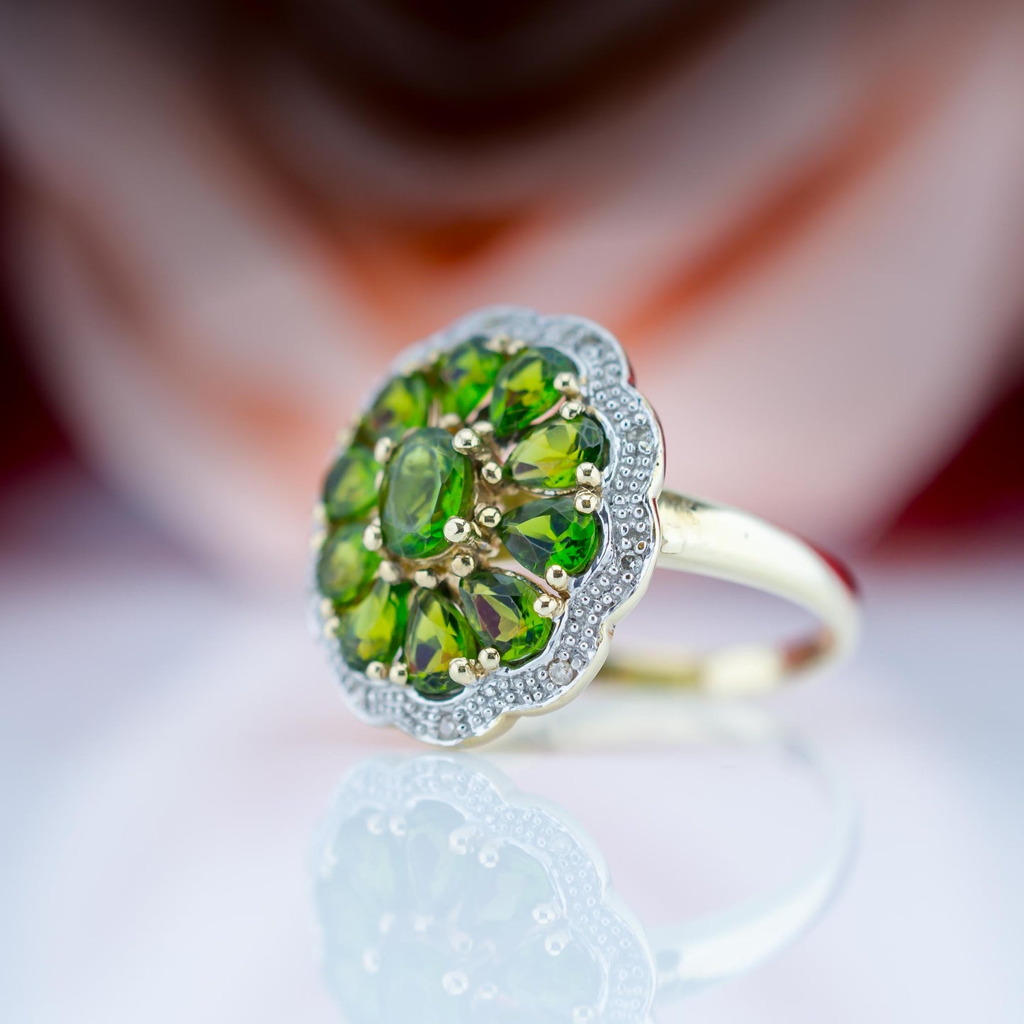 9ct Peridot And Diamond Cluster Ring