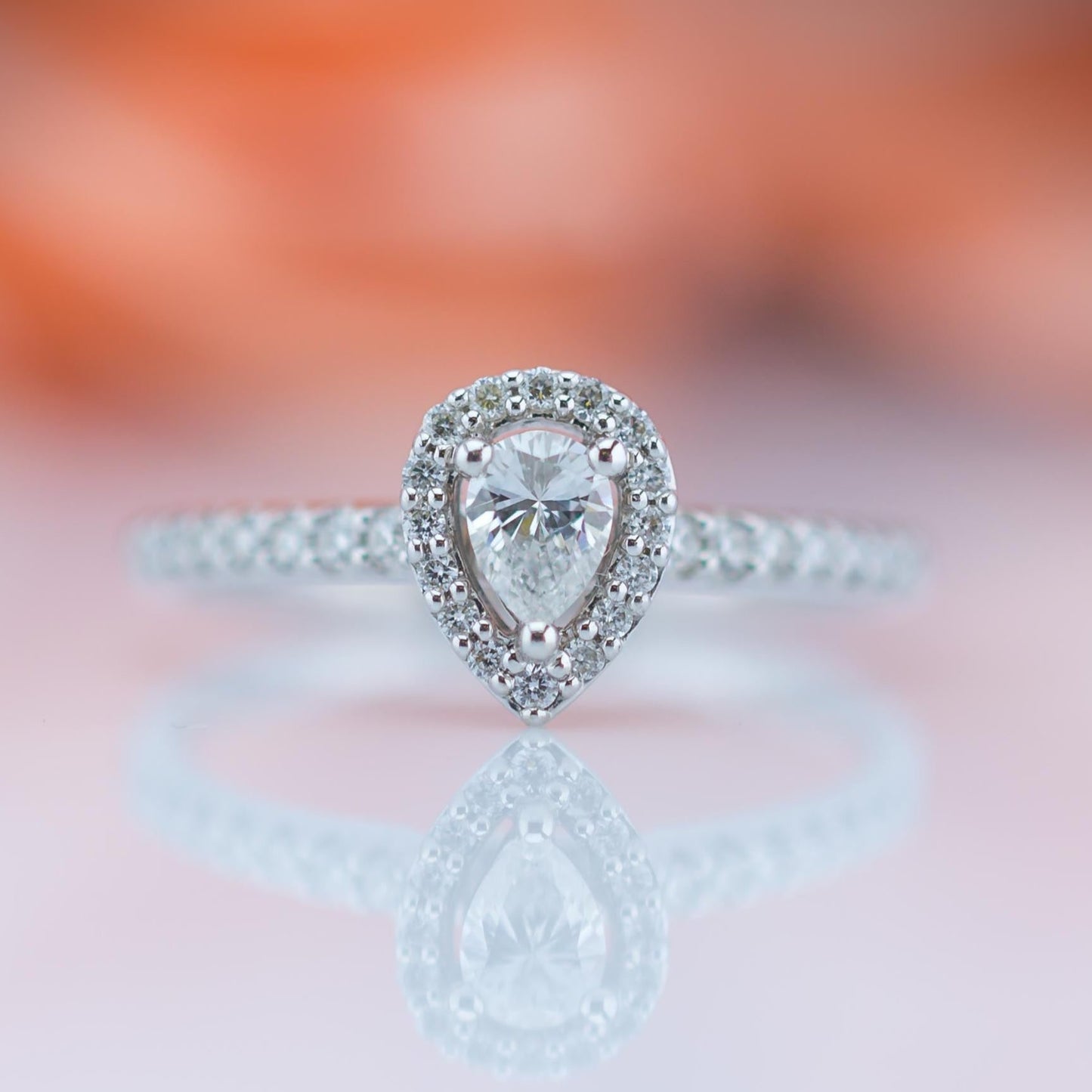 18ct White Gold Teardrop Diamond Halo Ring TCW 0.40TCW