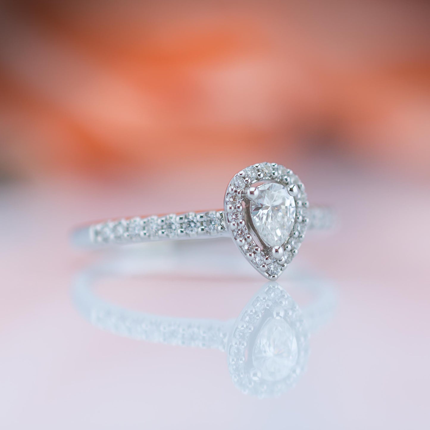 18ct White Gold Teardrop Diamond Halo Ring TCW 0.40TCW