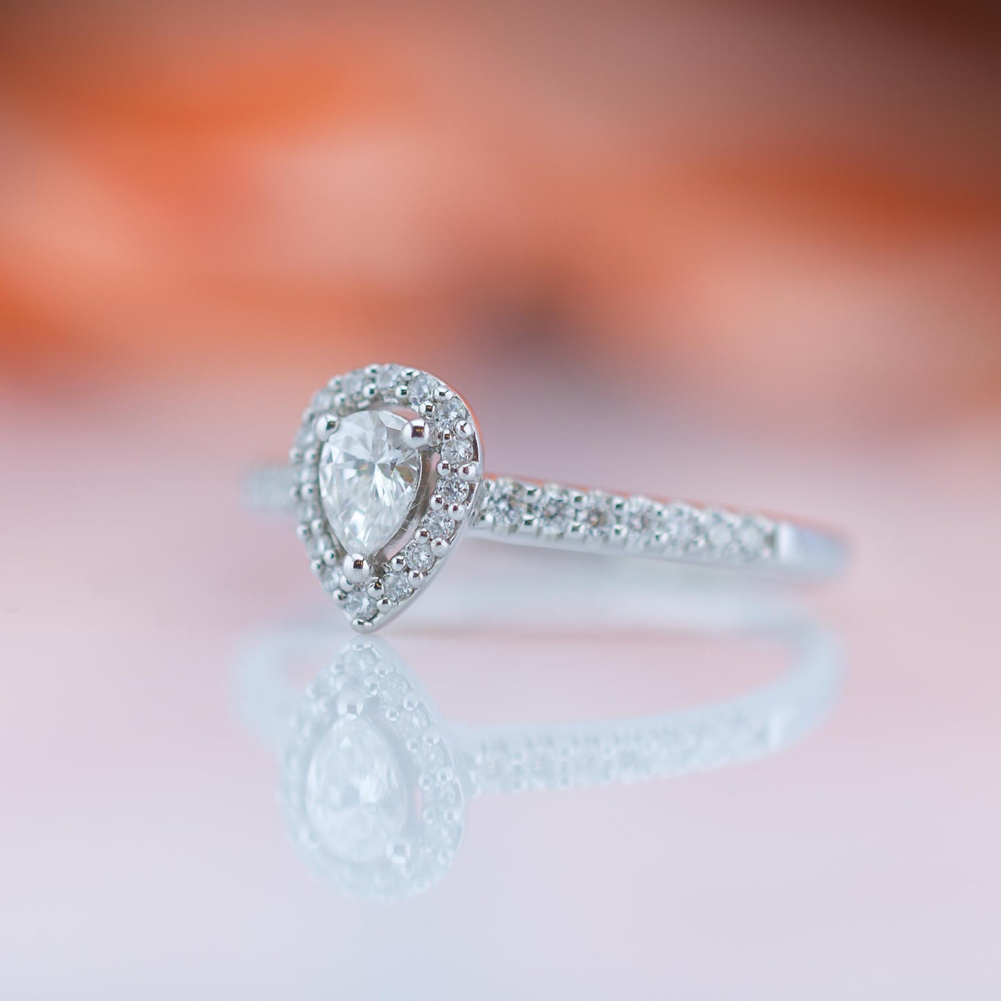 18ct White Gold Teardrop Diamond Halo Ring TCW 0.40TCW
