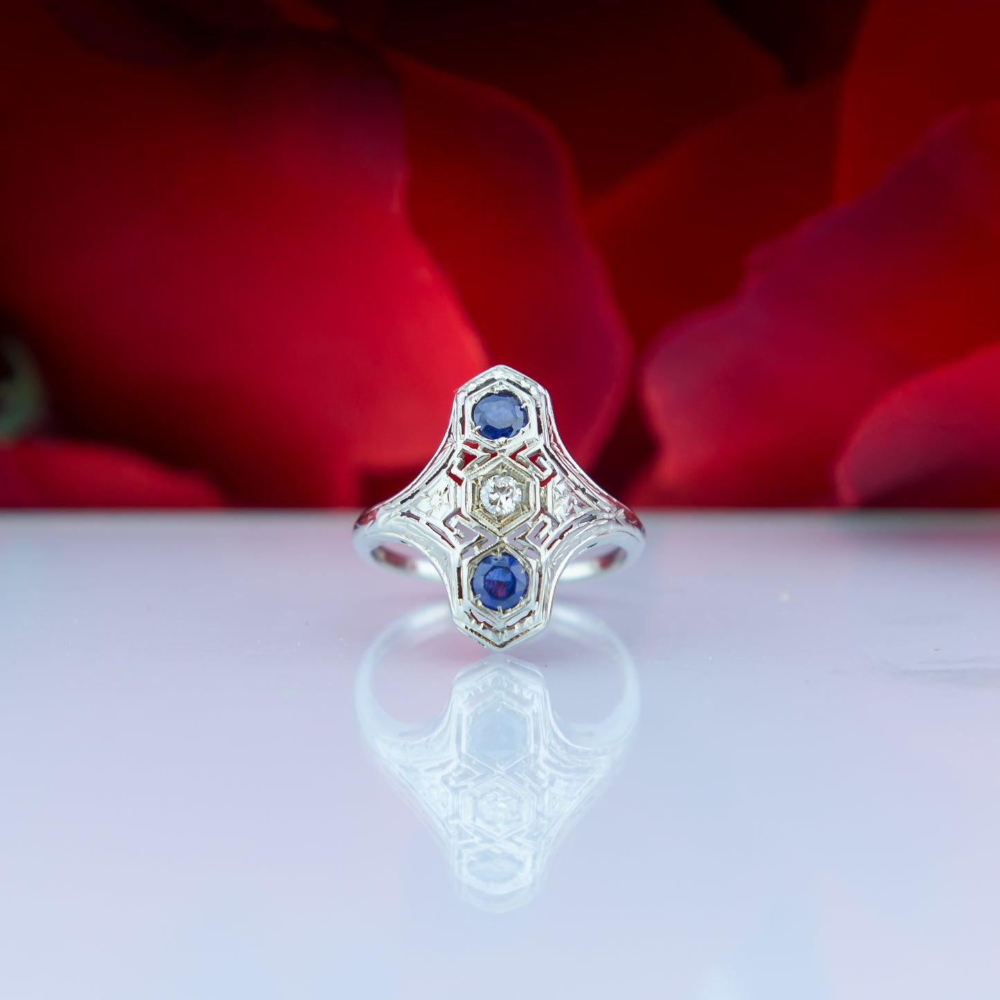 18ct White gold Sapphire & Diamond Deco Filigree Trilogy Ring