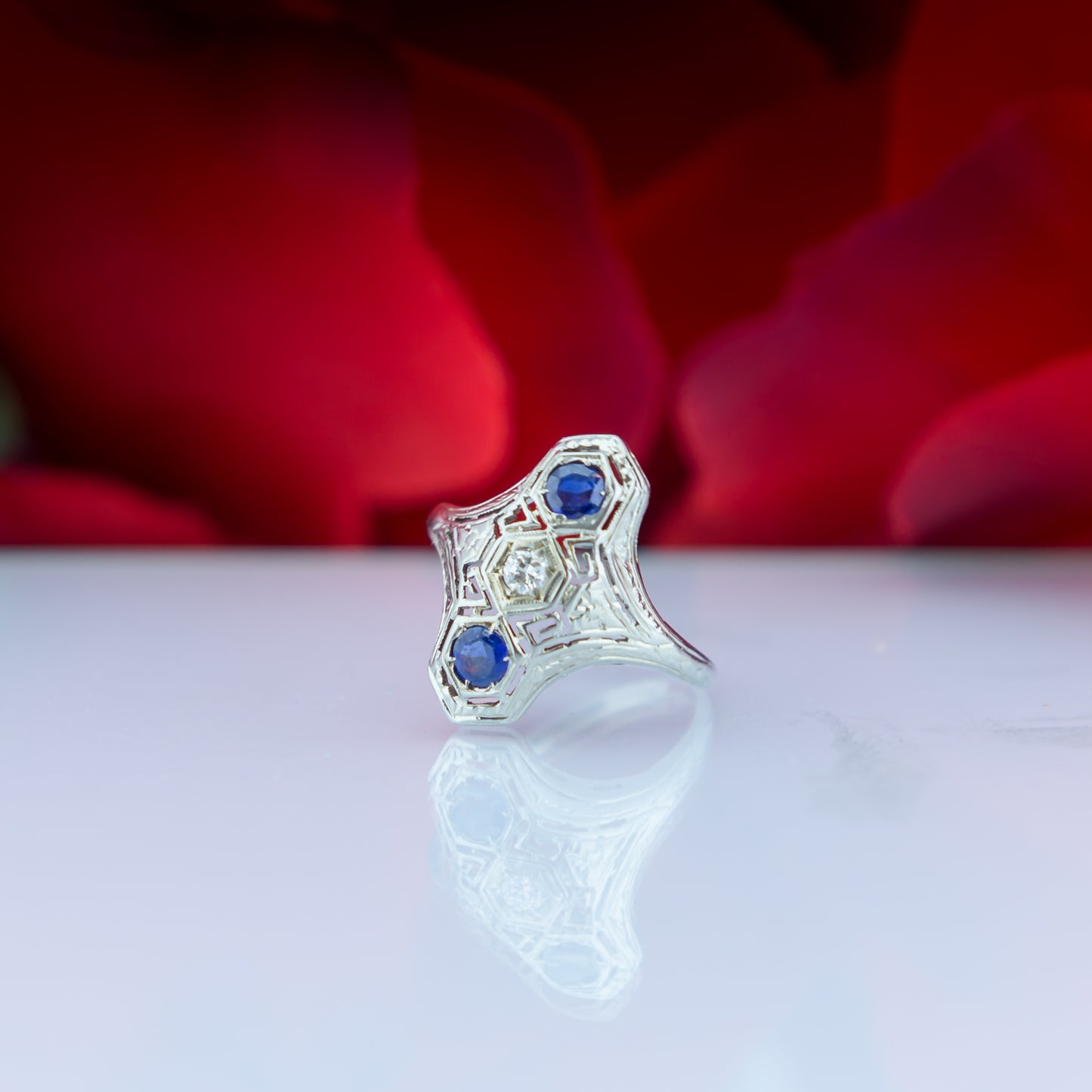 18ct White gold Sapphire & Diamond Deco Filigree Trilogy Ring