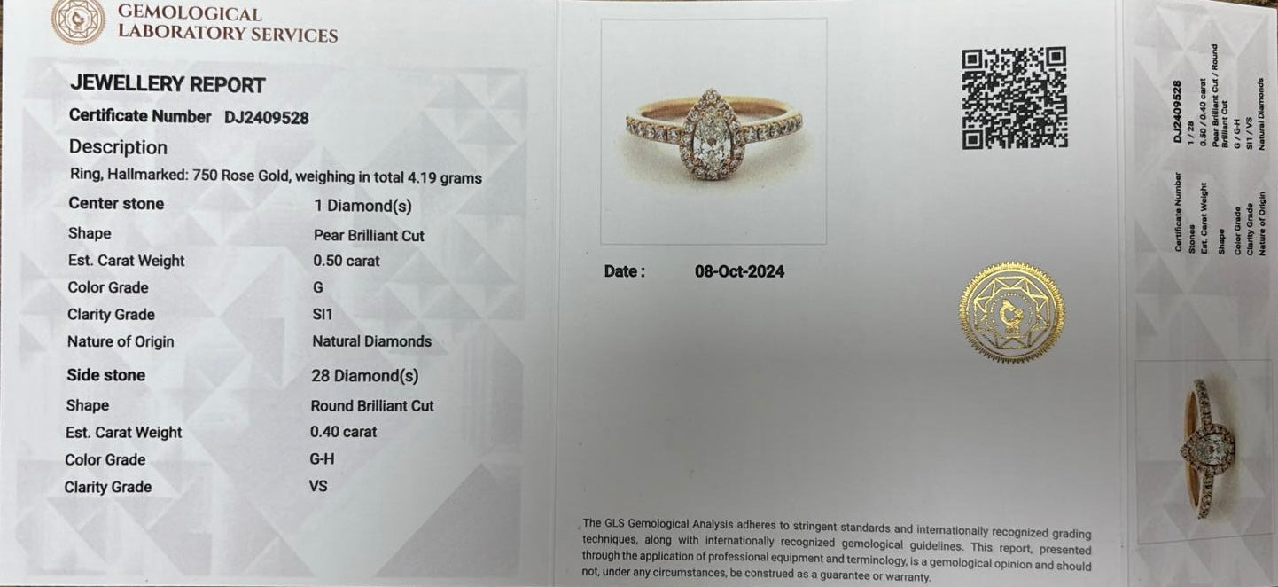 18ct Rose Gold 0.9ct Diamond Teardrop Solitaire Ring with Certificate