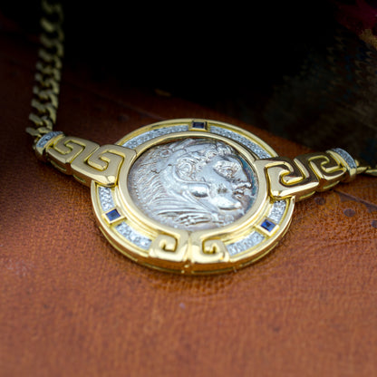 18ct Gold 18" Diamond & Sapphire Ancient Coin Pendant