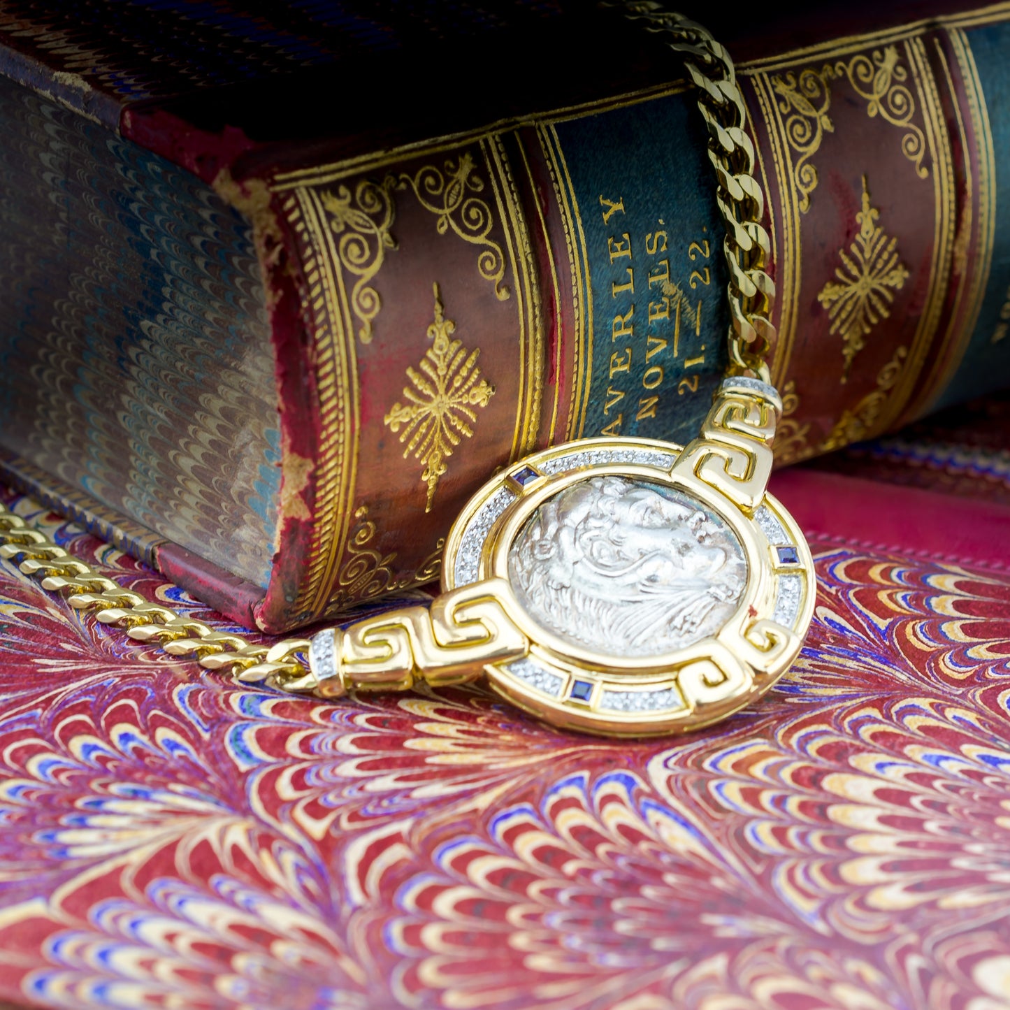 18ct Gold 18" Diamond & Sapphire Ancient Coin Pendant